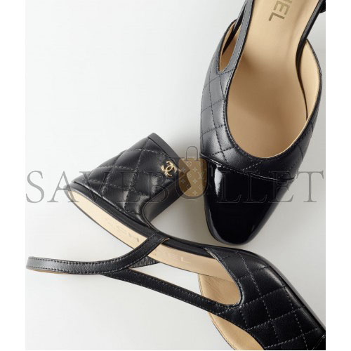 CHANEL SLINGBACKS 		LAMBSKIN & PATENT CALFSKIN			BLACK G39220 Y55956 94305