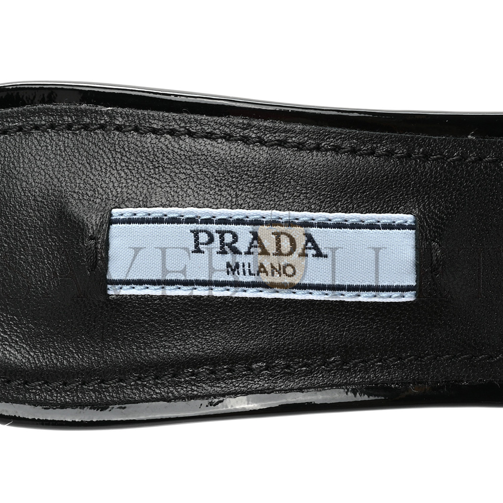 PRADA PLEXIGLASS VERNICE METAL TRIANGLE LOGO 65MM SLIDE SANDALS 36.5 BLACK