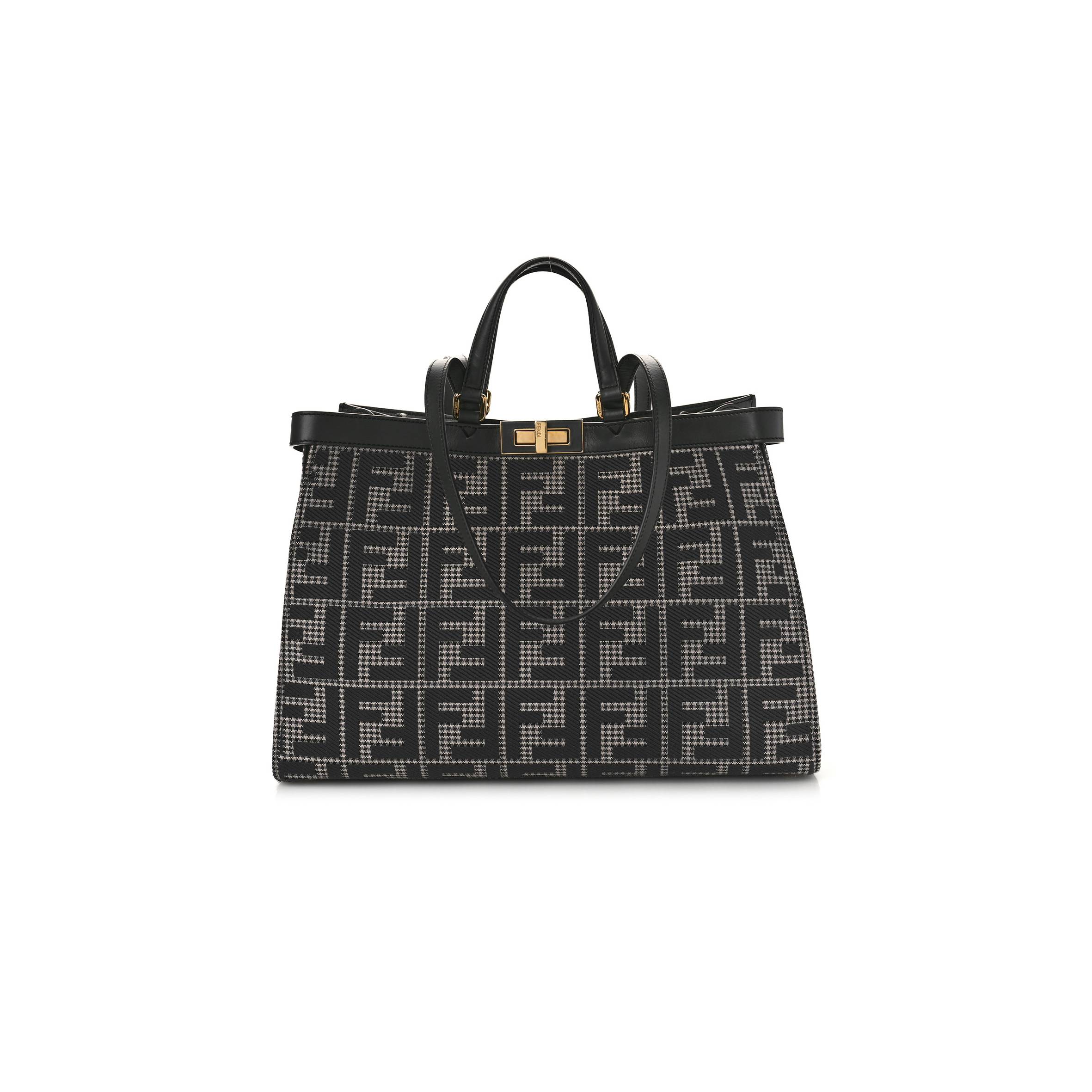 FENDI WOOL VITELLO KING HOUNDSTOOTH FF EMBROIDERED MEDIUM PEEKABOO X-TOTE GRIGIO ANTHRACITE (41*29*16cm)