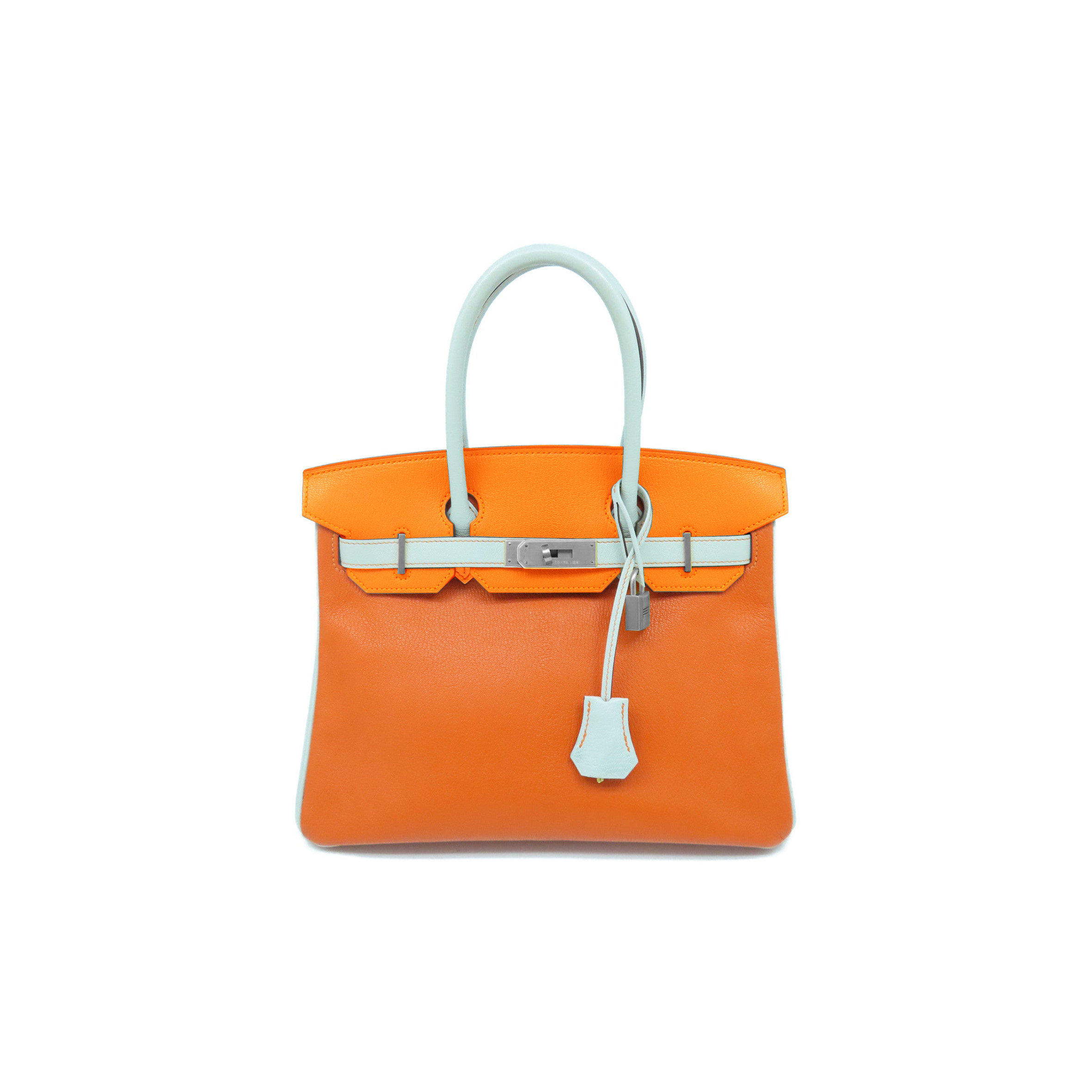 HERMES BIRKIN 30 EPSON LEATHER GOLDEN BROWN MACARON BLUE SILVER BUCKLE HANDBAG 2160500417673 (30*23*15cm)