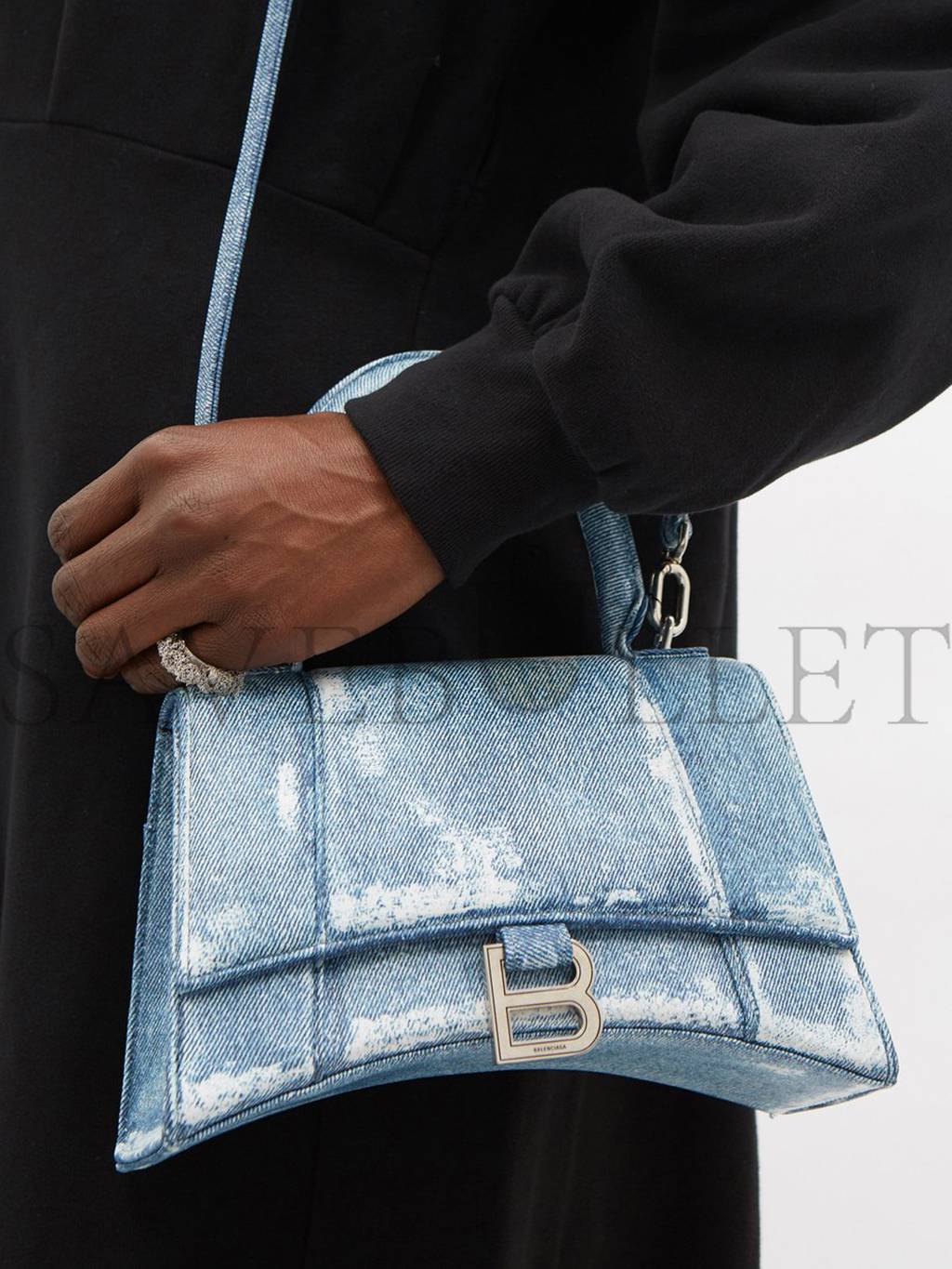 BALENCIAGA BLUE HOURGLASS DENIM-PRINT LEATHER BAG MATCHESFASHION US (26.1*14*10.6cm)