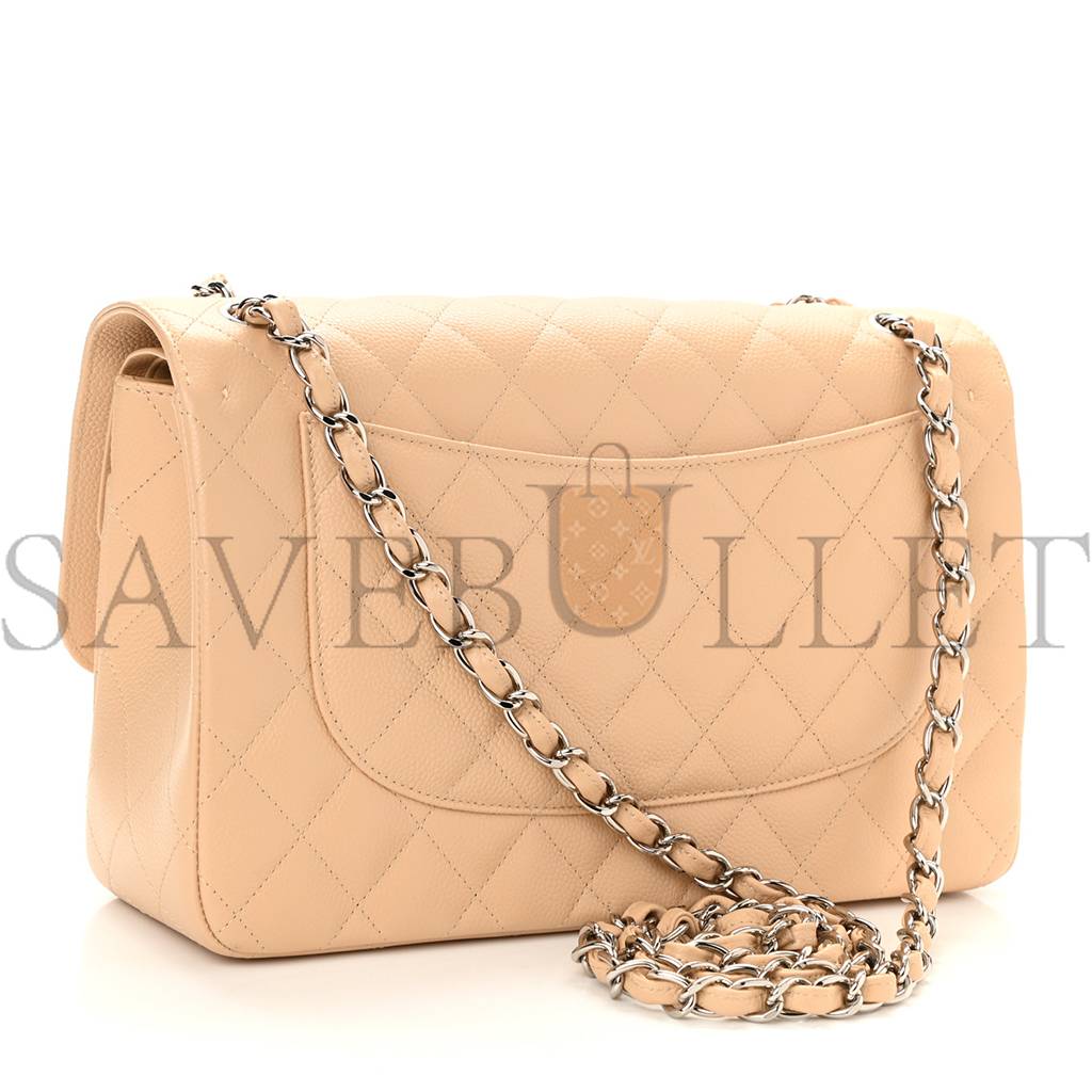 CHANEL CAVIAR QUILTED JUMBO DOUBLE FLAP BEIGE SILVER HARDWARE (30*19*9cm)