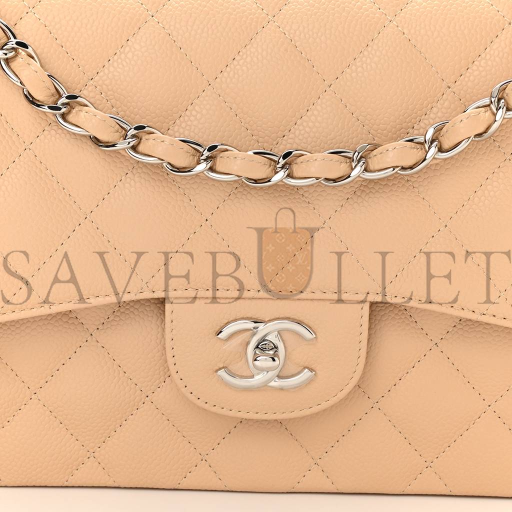 CHANEL CAVIAR QUILTED JUMBO DOUBLE FLAP BEIGE SILVER HARDWARE (30*19*9cm)