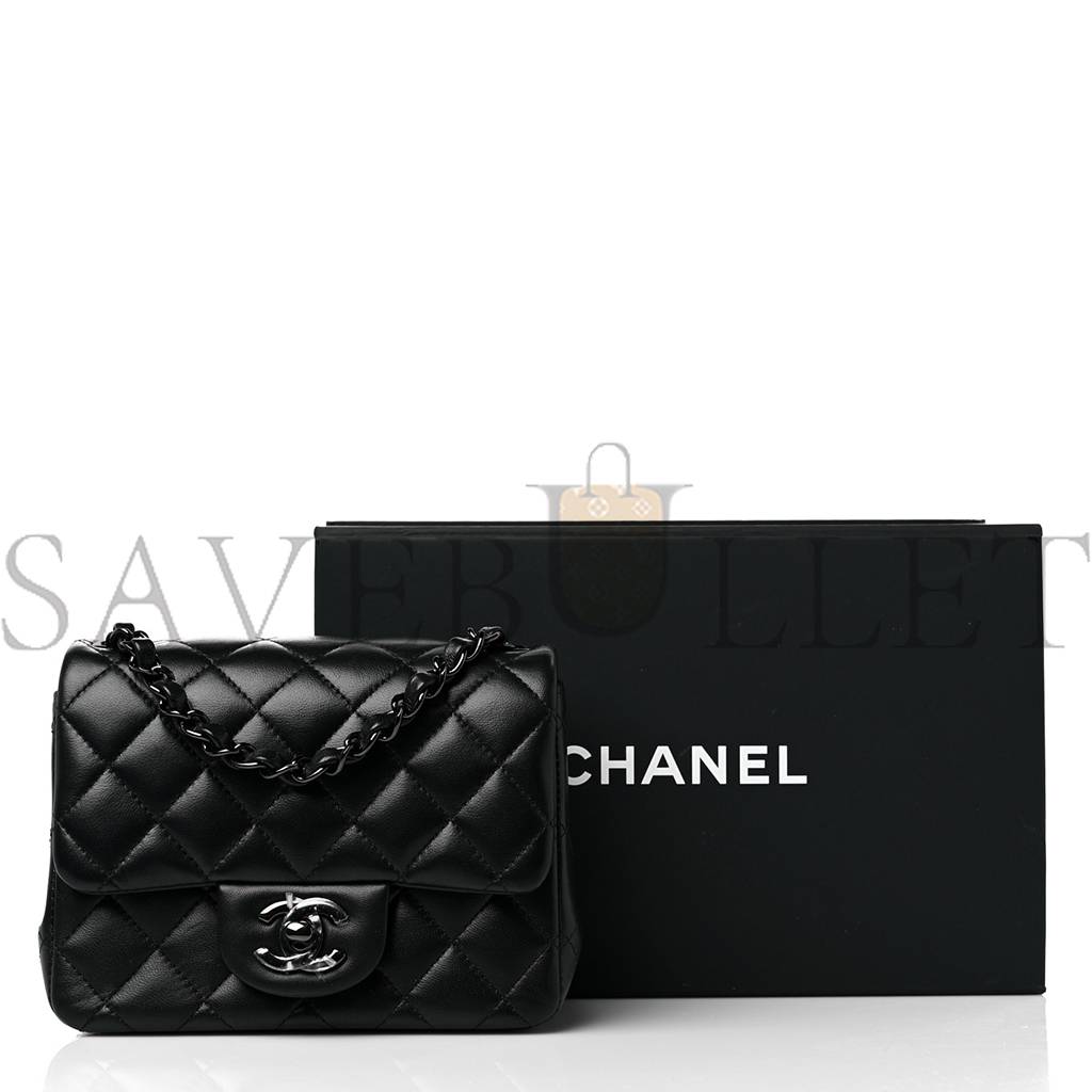 CHANEL LAMBSKIN QUILTED MINI SQUARE FLAP SO BLACK SILVER HARDWARE (17*12*7cm)