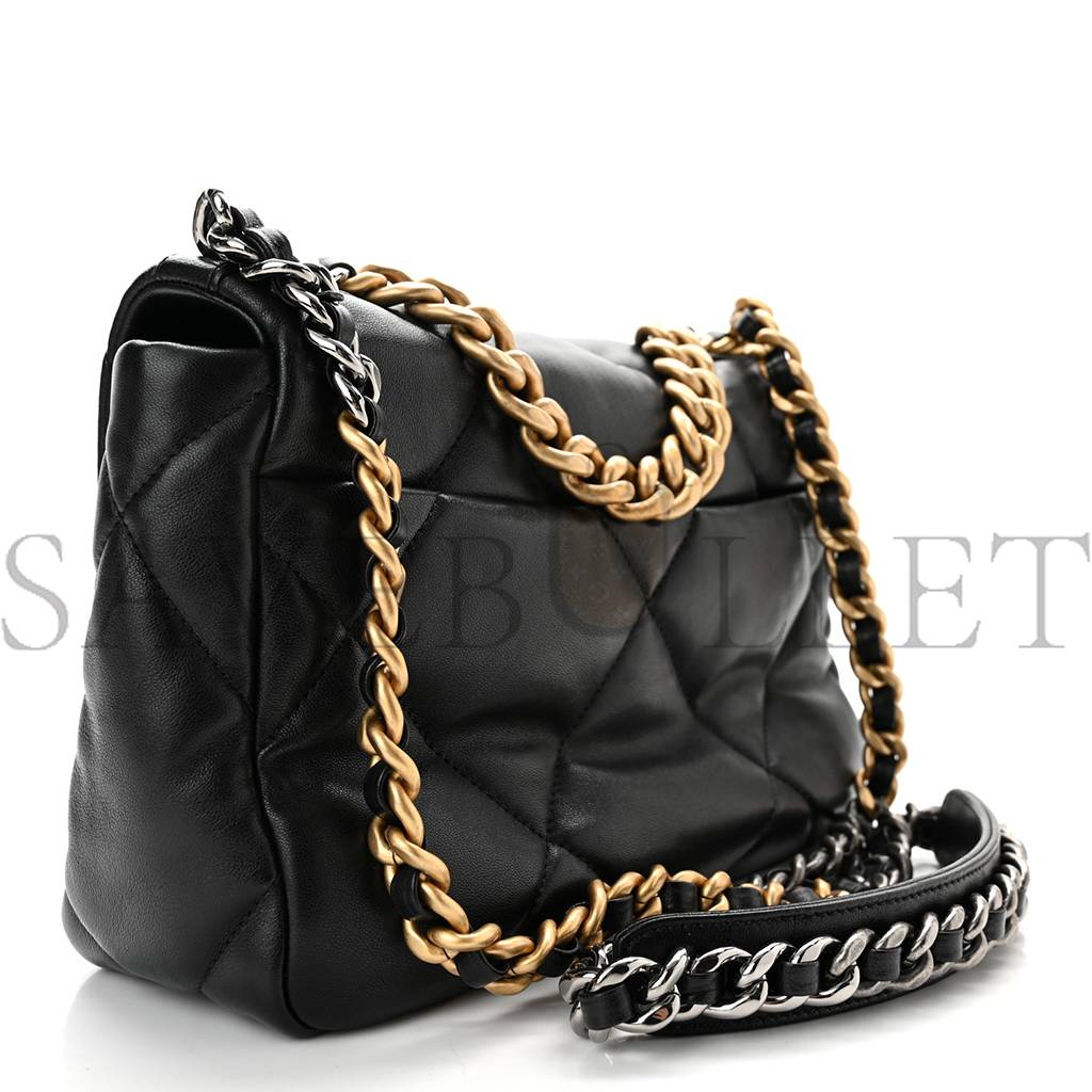 CHANEL LAMBSKIN QUILTED MEDIUM CHANEL 19 FLAP BLACK GOLD HARDWARE (26*17*8cm)