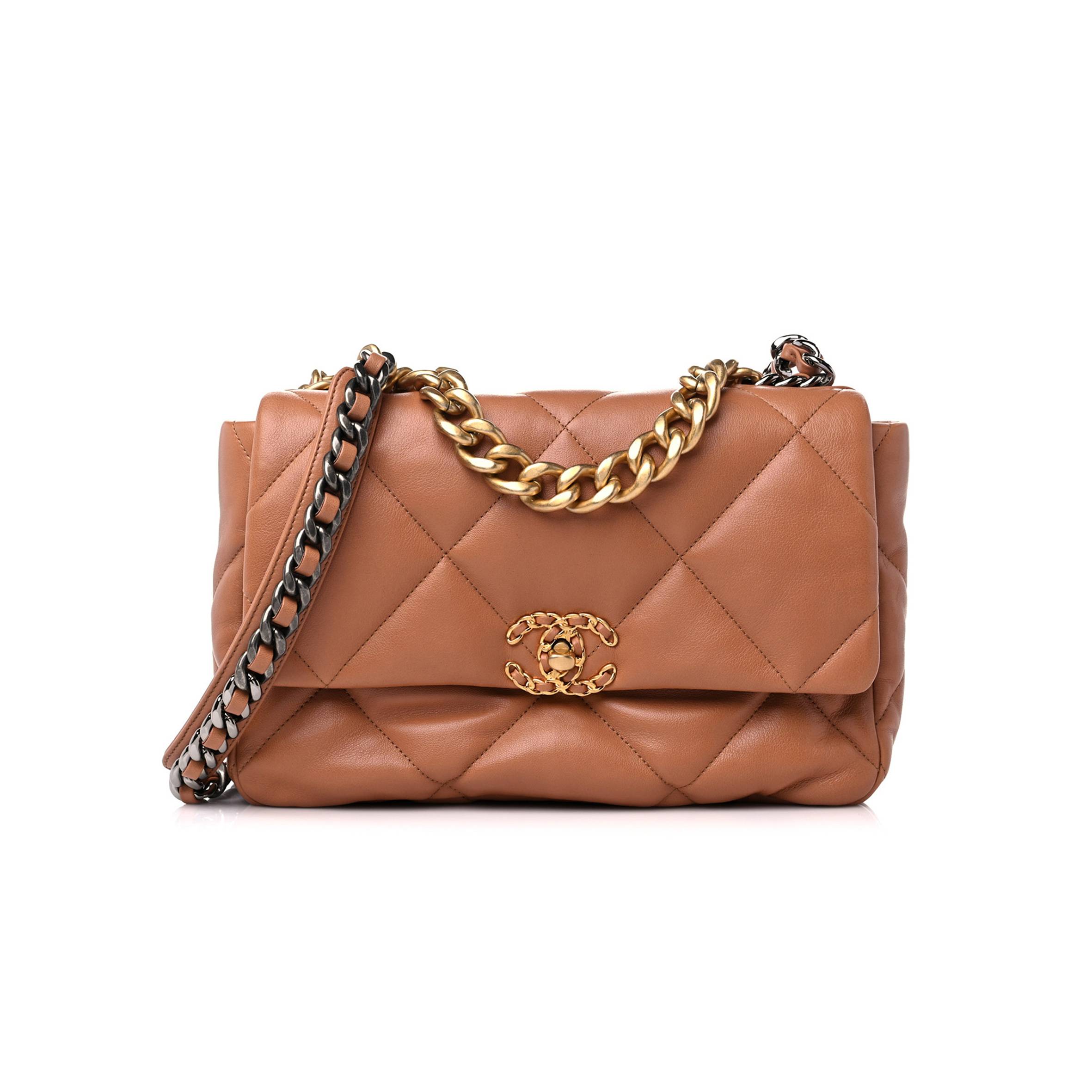 CHANEL LAMBSKIN QUILTED LARGE CHANEL 19 FLAP BROWN GOLD HARDWARE (30*20*9cm)