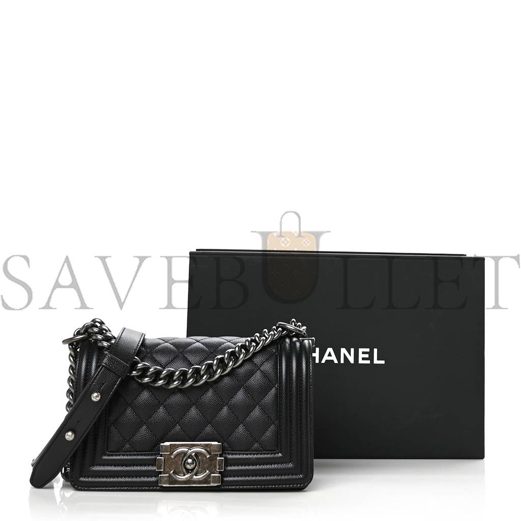 CHANEL CAVIAR QUILTED SMALL BOY FLAP BLACK SILVER HARDWARE (19.7*12.1*7.6cm)