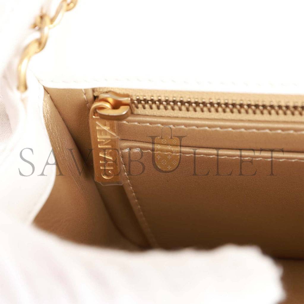 CHANEL PEARL CRUSH MINI RECTANGULAR FLAP BAG WHITE LAMBSKIN ANTIQUE GOLD HARDWARE (20*13*6cm)