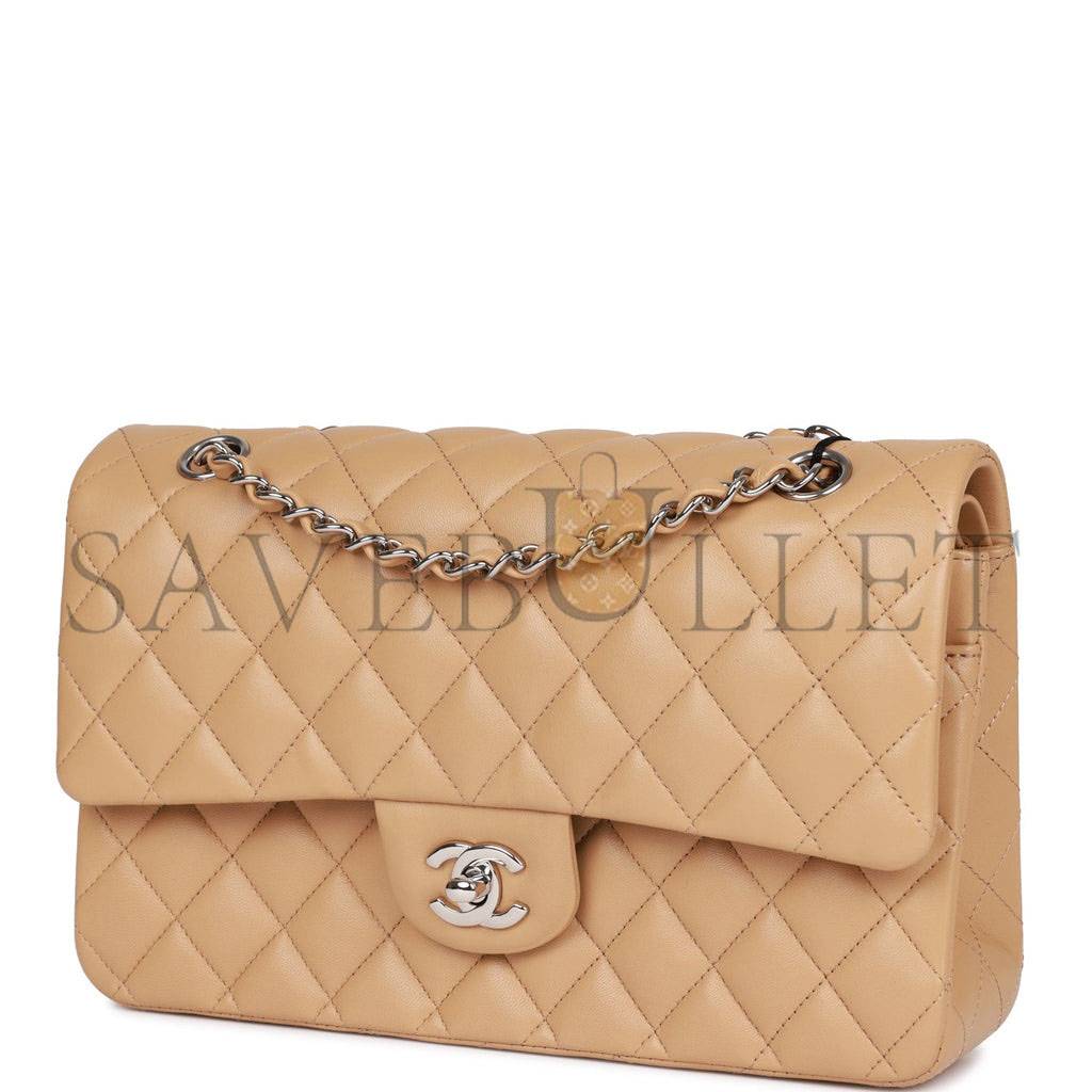 CHANEL MEDIUM CLASSIC DOUBLE FLAP BAG BEIGE LAMBSKIN SILVER HARDWARE (25*15*7cm)