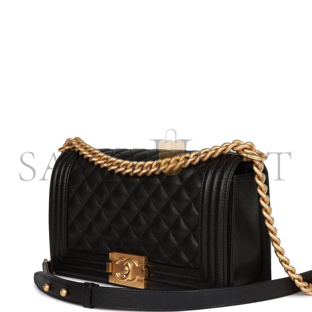 CHANEL MEDIUM BOY BAG BLACK CAVIAR ANTIQUE GOLD HARDWARE (25*15*9cm)