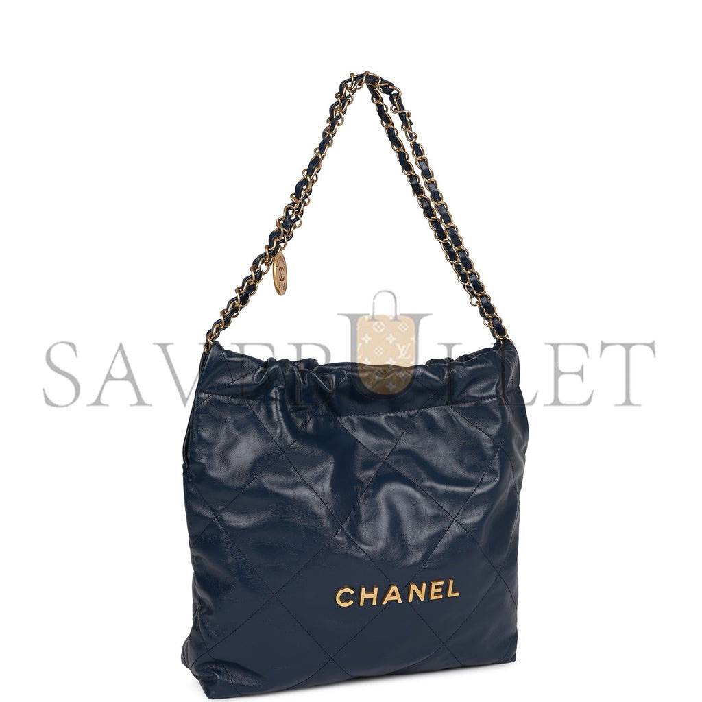 CHANEL LARGE 22 BAG NAVY LAMBSKIN ANTIQUE GOLD HARDWARE (46*45*10cm)