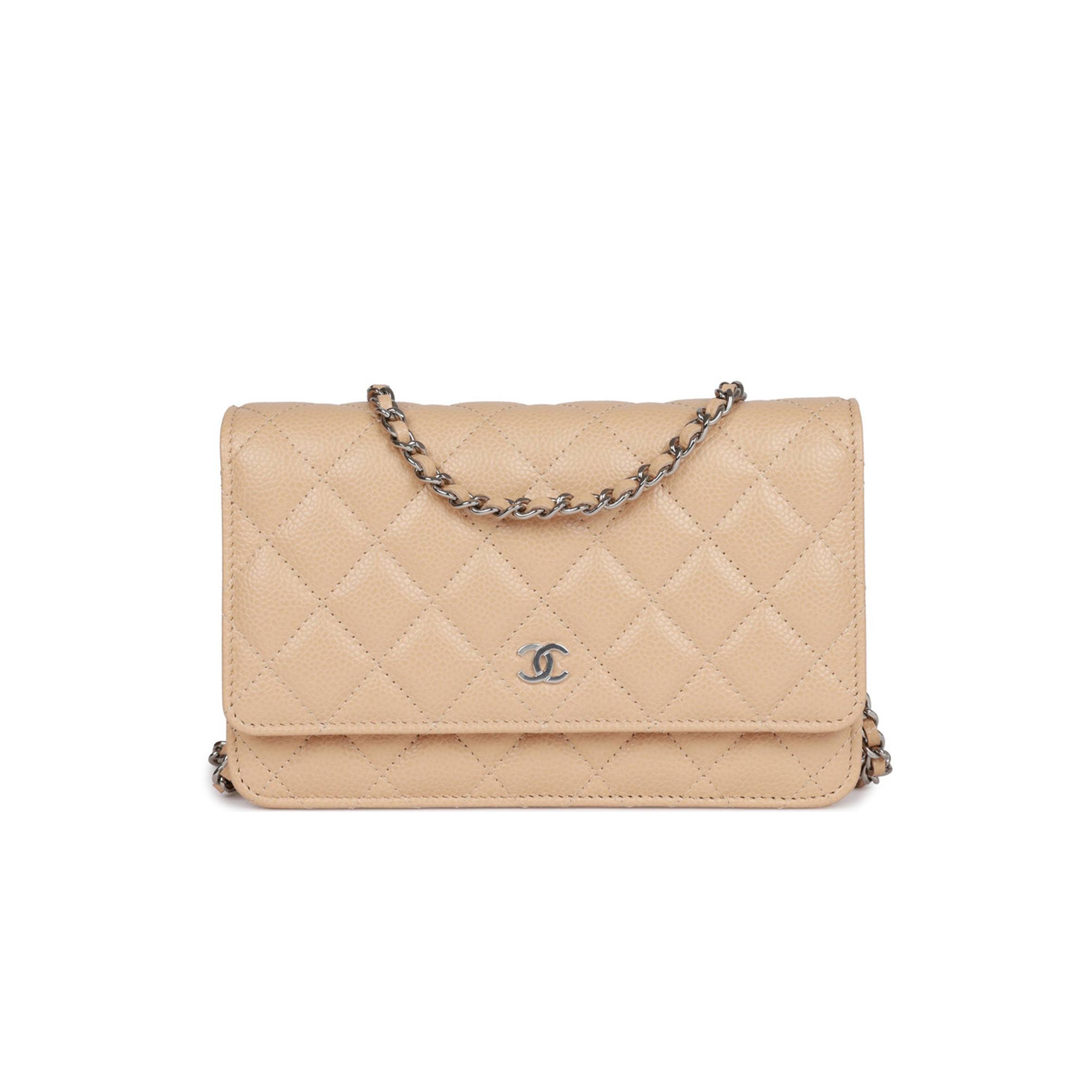 CHANEL WALLET ON CHAIN WOC BEIGE CAVIAR SILVER HARDWARE (19*12*4cm)