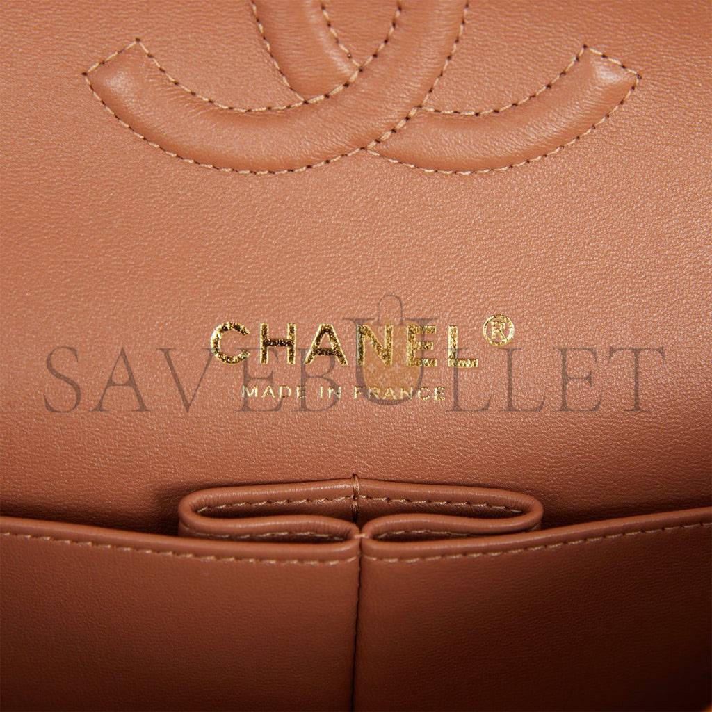 CHANEL MEDIUM CLASSIC DOUBLE FLAP BAG CARAMEL LAMBSKIN LIGHT GOLD HARDWARE (25*15*7cm)