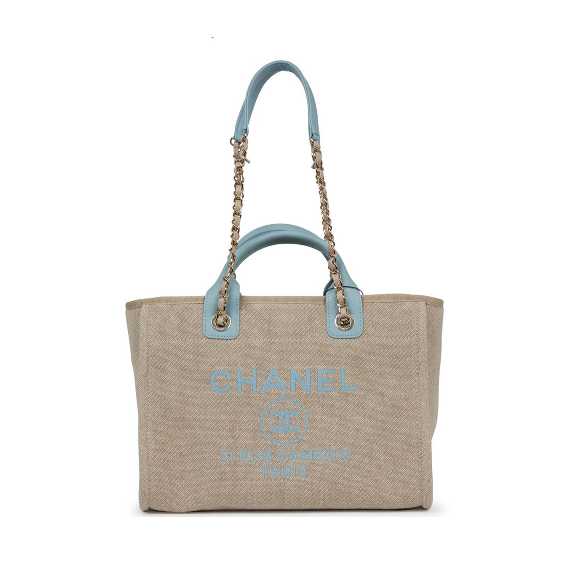 CHANEL SMALL DEAUVILLE SHOPPING BAG BLUE AND BEIGE BOUCLE LIGHT GOLD HARDWARE (34*27*15cm)