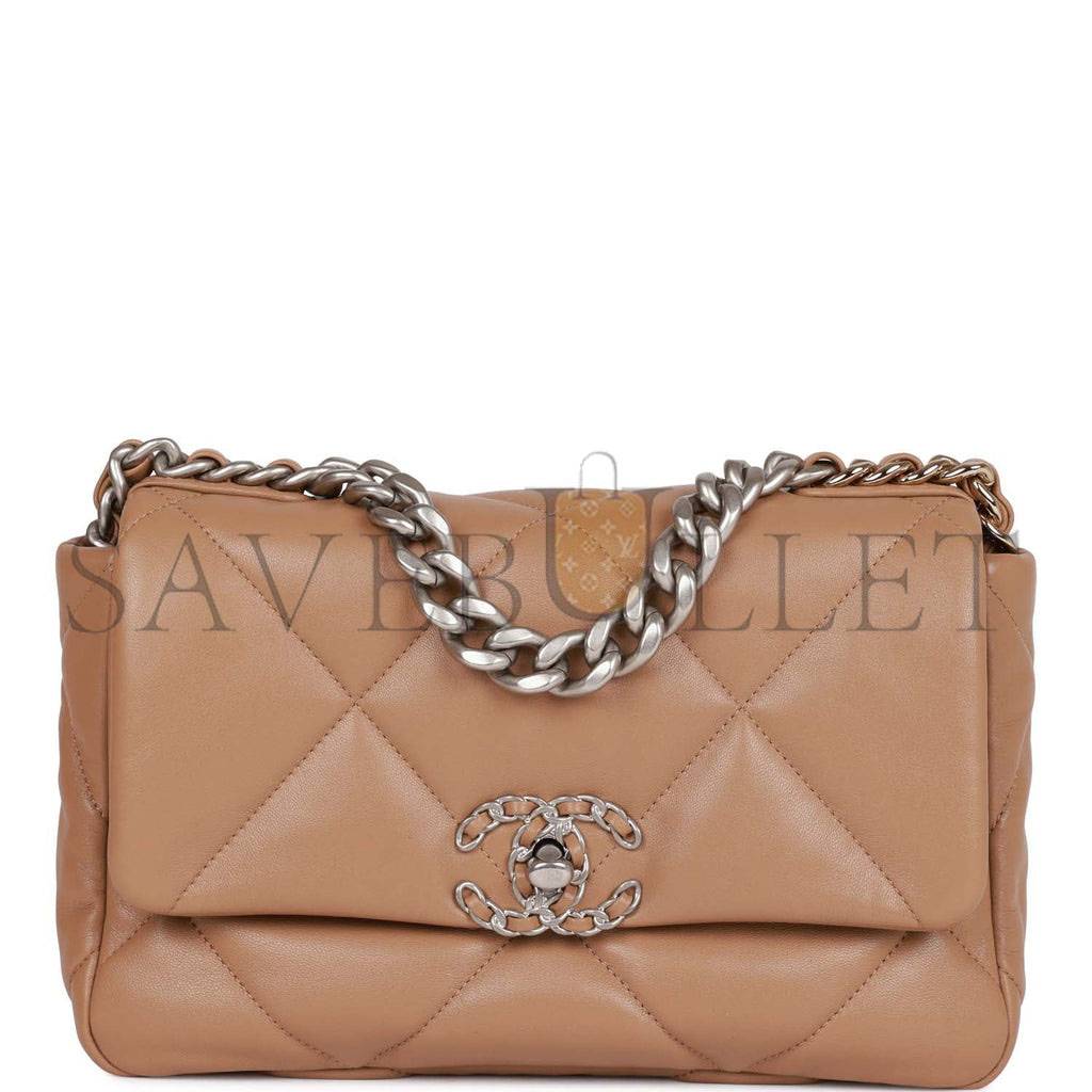 CHANEL MEDIUM 19 FLAP BAG BEIGE CALFSKIN MIXED HARDWARE (25*16*9cm)