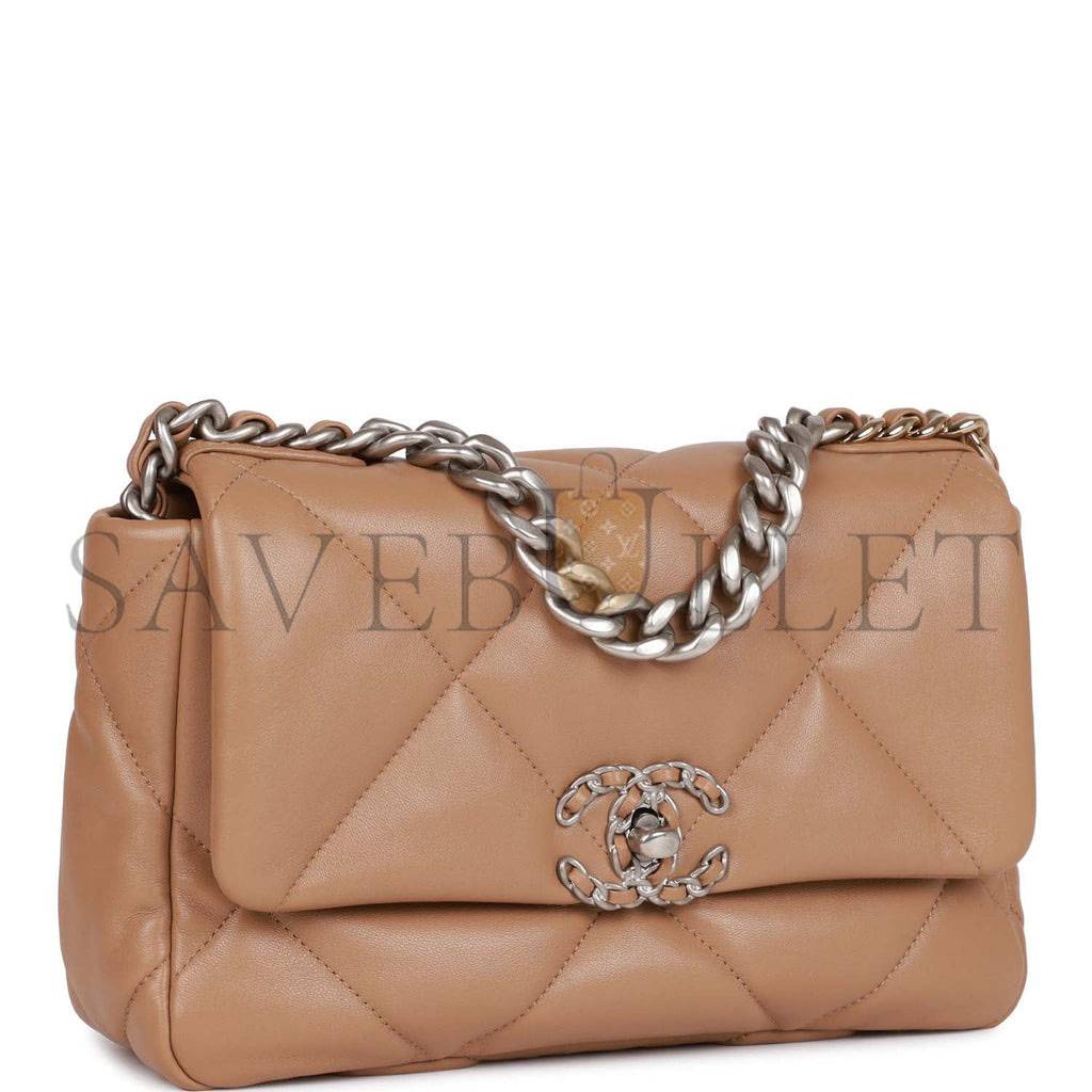 CHANEL MEDIUM 19 FLAP BAG BEIGE CALFSKIN MIXED HARDWARE (25*16*9cm)