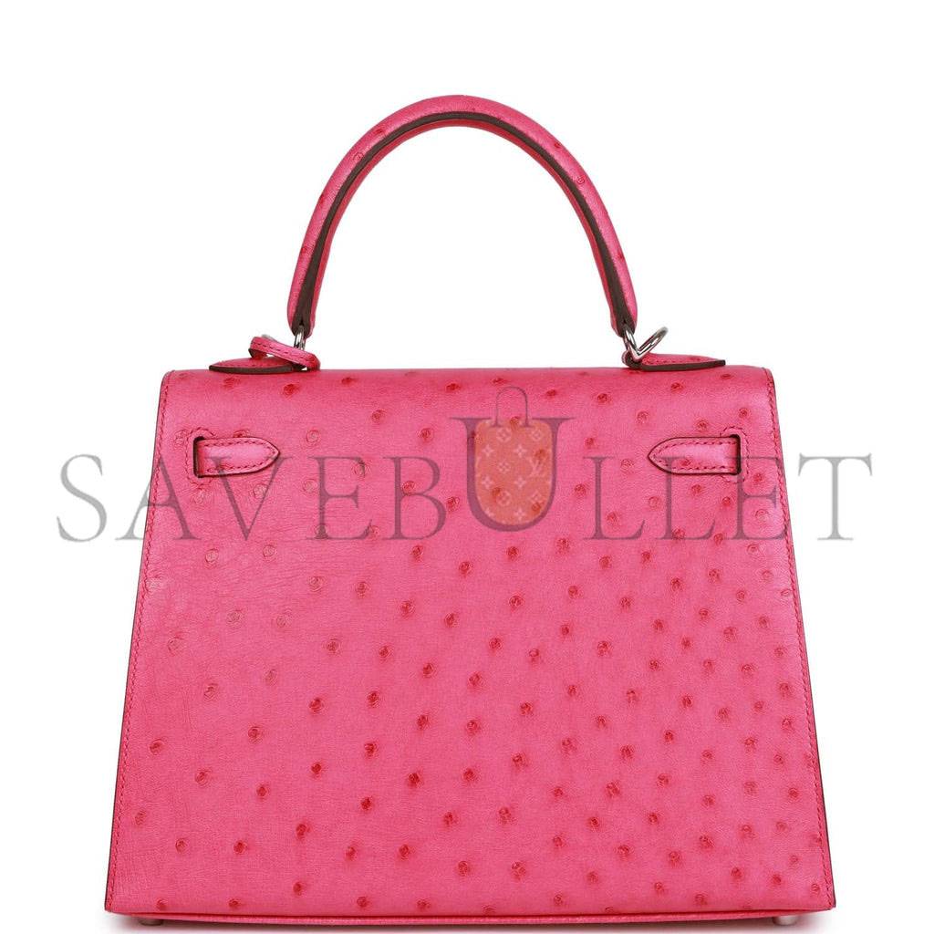 HERMES SPECIAL ORDER (HSS) KELLY SELLIER 25 ROSE TYRIEN VERSO OSTRICH PALLADIUM HARDWARE HANDMADE (25*17*7cm)