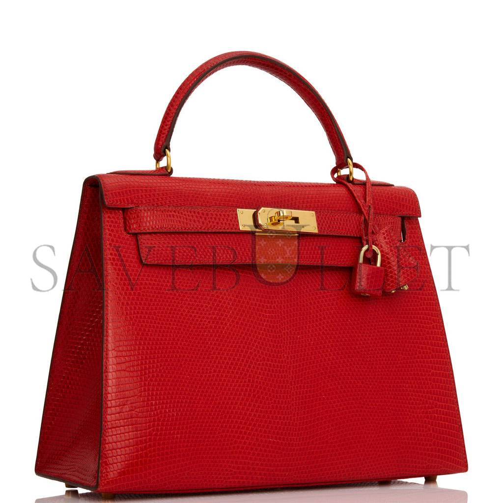 HERMES KELLY SELLIER 28 ROUGE VIF LIZARD NILOTICUS GOLD HARDWARE (28*22*10cm)