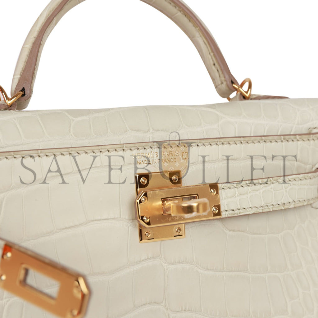 HERMES MINI KELLY SELLIER 20CM BETON MATTE ALLIGATOR GOLD HARDWARE (19*12*5.5cm)