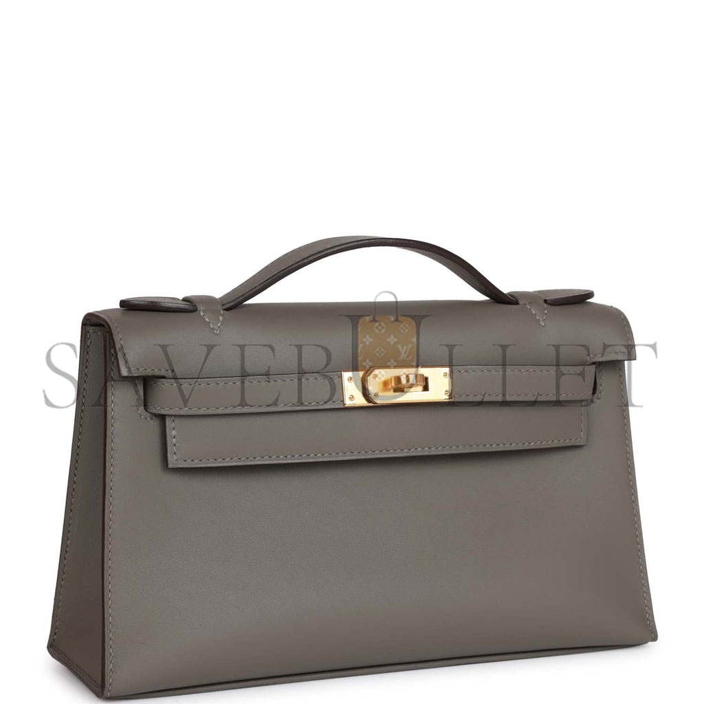 HERMES MINI KELLY POCHETTE GRIS MEYER SWIFT GOLD HARDWARE (22*14*7cm)