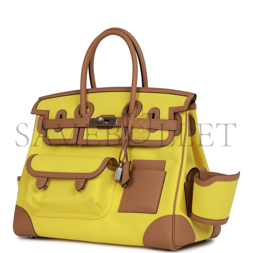 HERMES BIRKIN CARGO 35 JAUNE CITRON TOILE AND CHAI SWIFT PALLADIUM HARDWARE 39728751083614 (35*28*18cm)