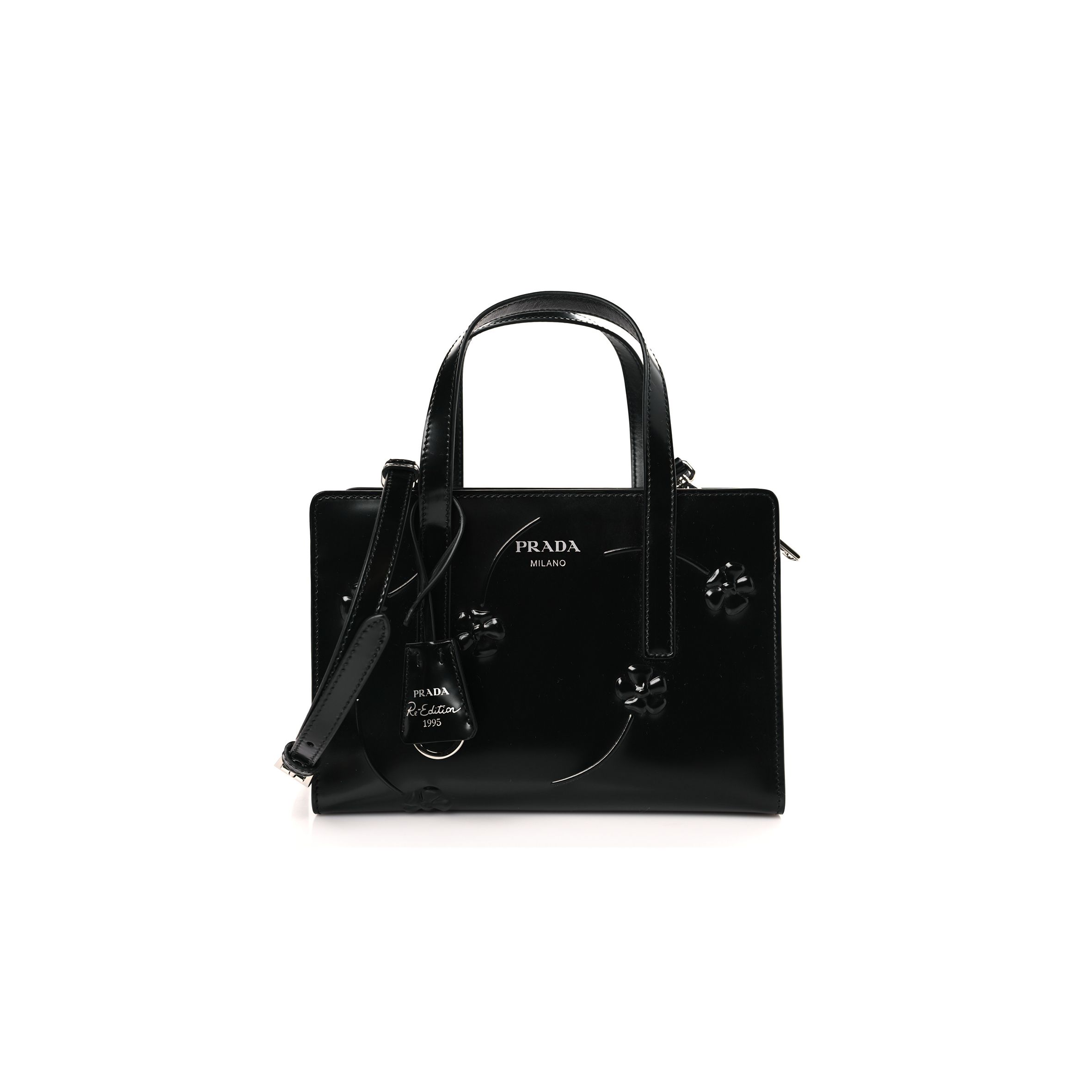 PRADA BRUSHED CALFSKIN FLORAL MINI RE-EDITION 1995 TOTE BLACK (22*15*7cm)