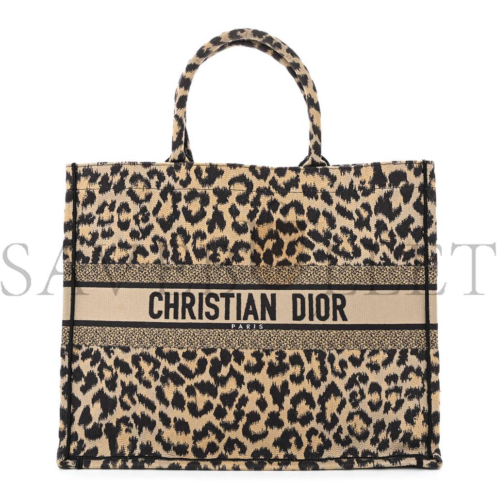 DIOR CANVAS MIZZA EMBROIDERED LARGE LEOPARD BOOK TOTE BEIGE (42*33*15.2cm)