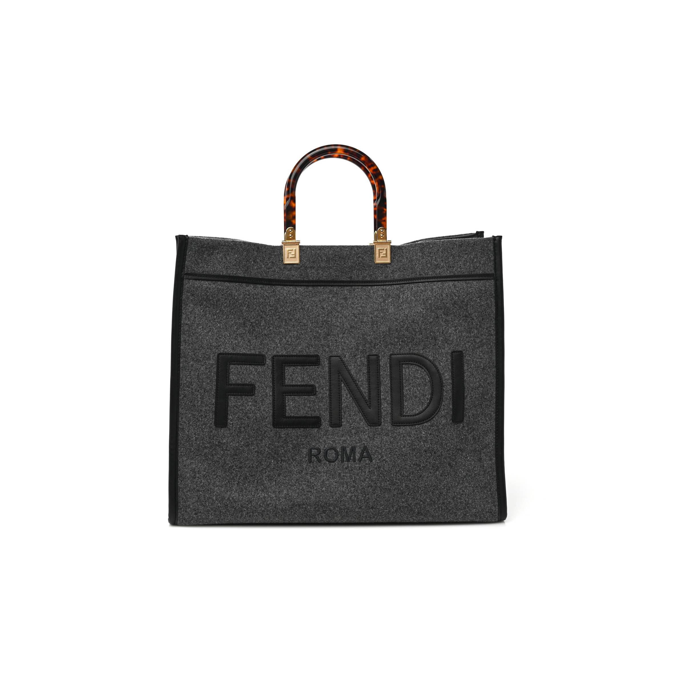 FENDI MELANGE FLANNEL PLEXIGLASS SATIN LOGO EMBROIDERED THREADED EDGE MEDIUM FENDI SUNSHINE SHOPPER TOTE GRIGIO BLACK (40*34*20cm)